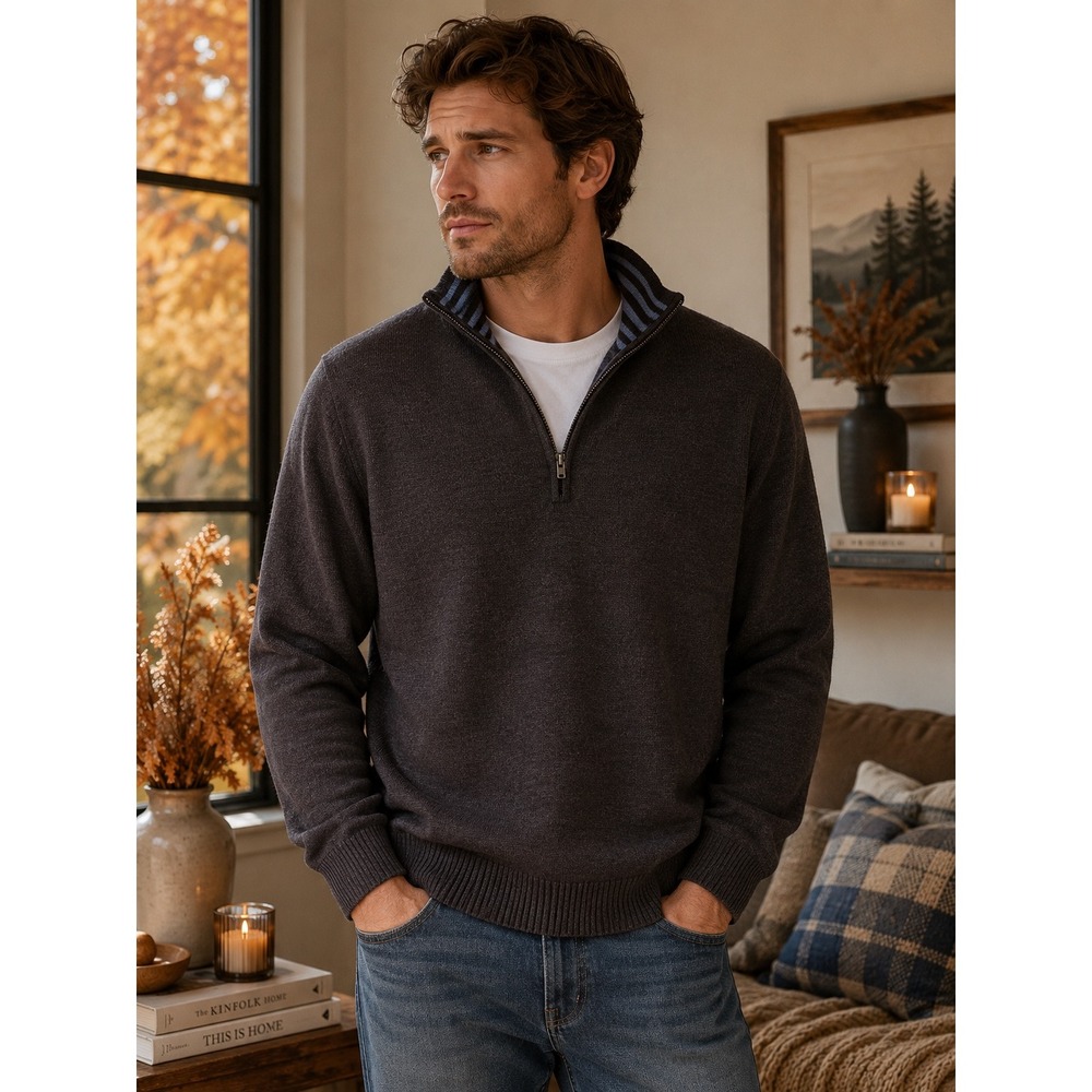 Paul Fredrick Mens Brown Extrafine Italian Merino Wool Quarter Zip Sweater L